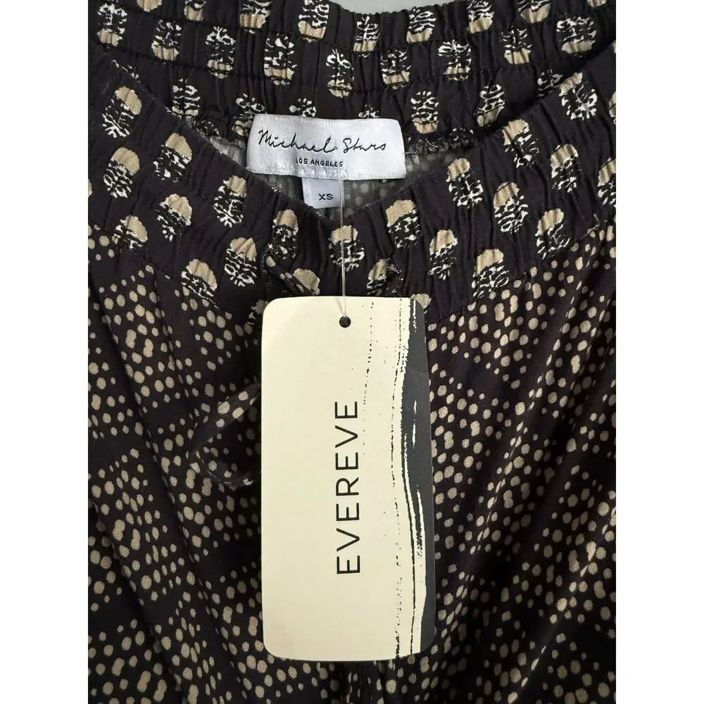 NWT Michael Stars Jordan Pant XS Black Beige Printed Wide Leg Pull On Pants Boho